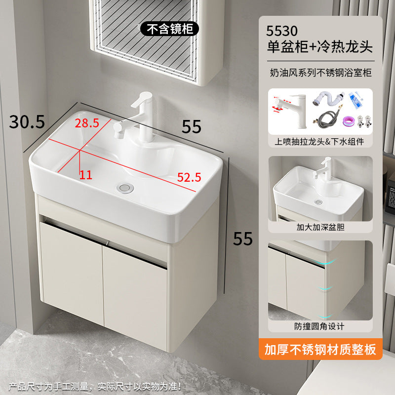 Small apartment bathroom cabinet Thickened stainless steel washstand Integrated cabinet Storage mirror Washstand Deepened ceramic integrated basin