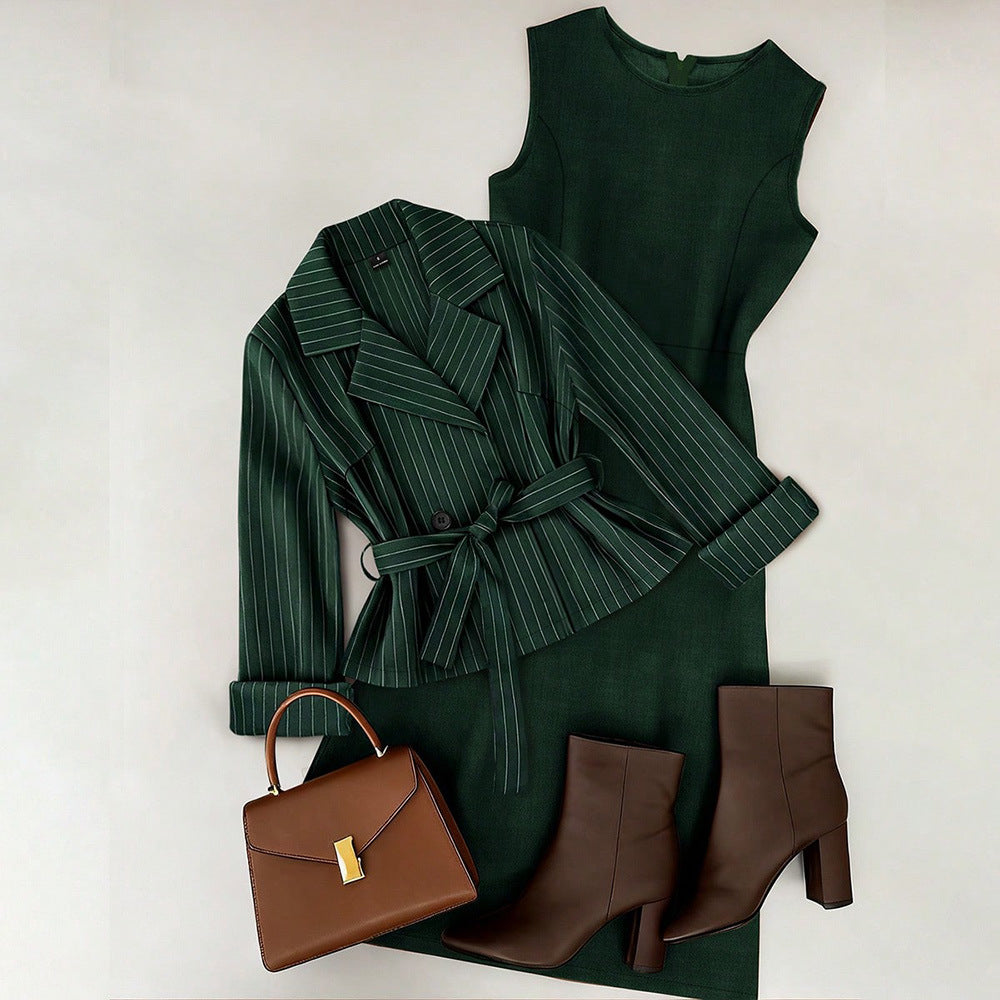 fashion  spring new women's two-piece set tie back suit + solid color skirt suit