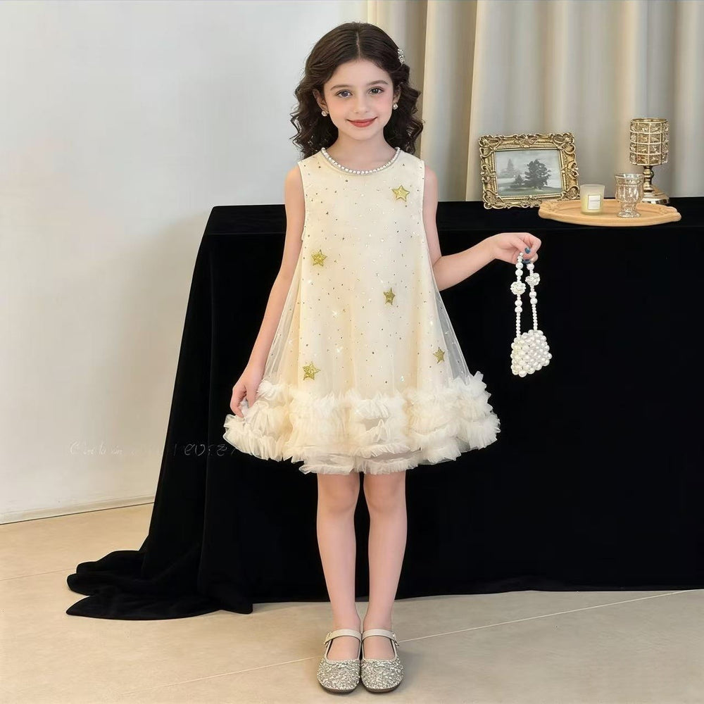 Girls' light blue star sequin sleeveless mesh princess dress - trendy summer kids' dress
