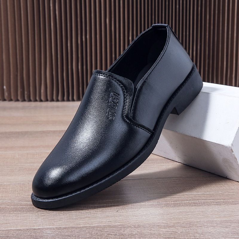 Black leather shoes for men - breathable, korean style, trendy casual business dress shoes, round toe, in stock, young men's footwear