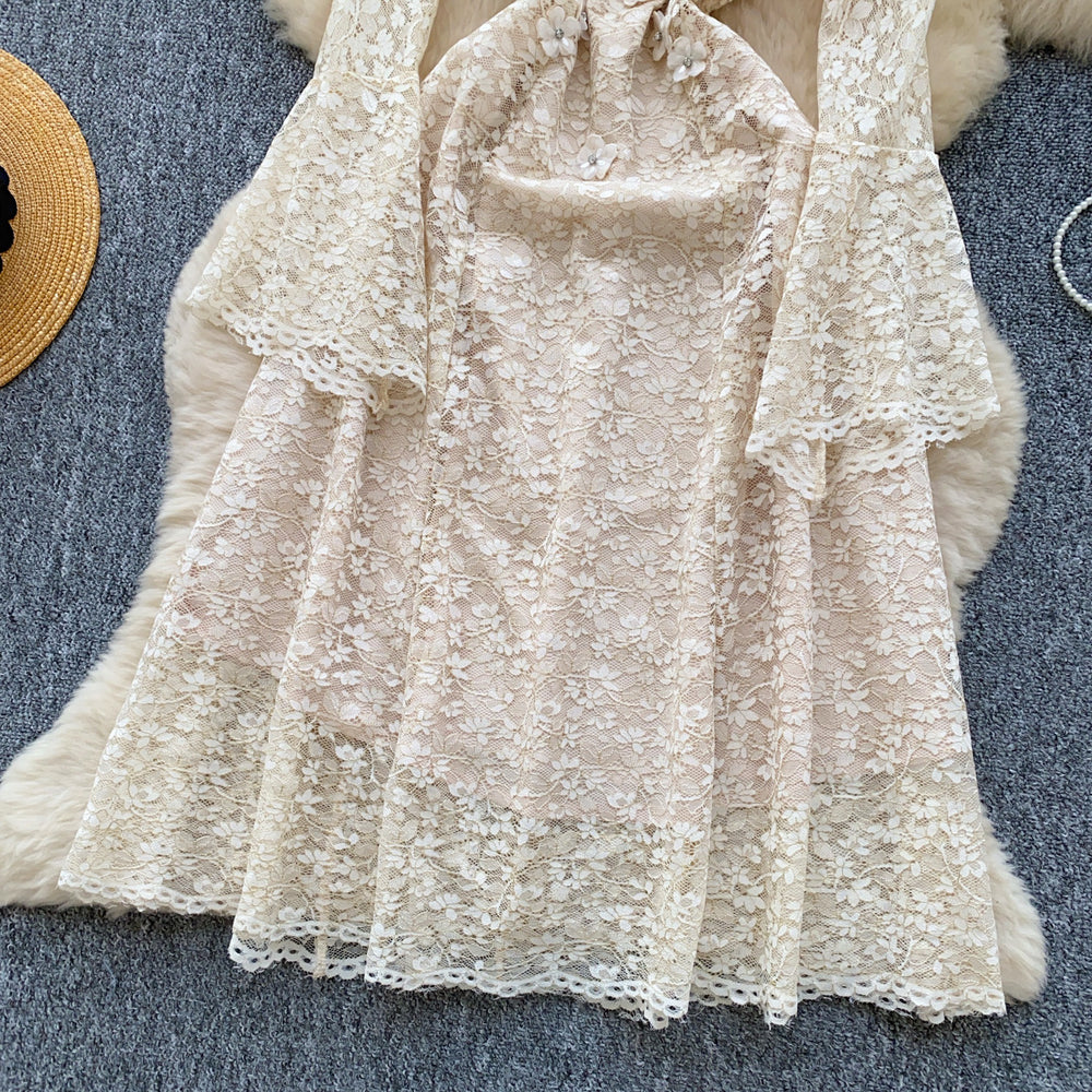 French chic, high-end, heavily embellished, 3d floral, square neck, flared sleeve, cinched waist, cutout lace dress - spring  collection
