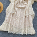 French chic, high-end, heavily embellished, 3d floral, square neck, flared sleeve, cinched waist, cutout lace dress - spring  collection