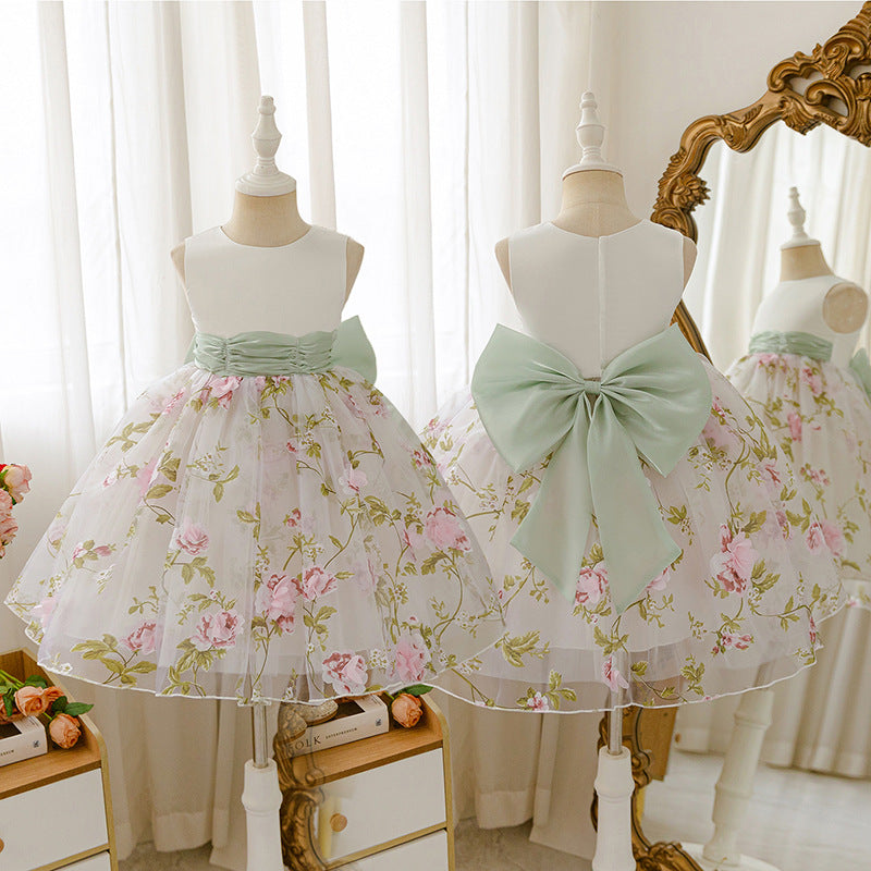 Girls' formal dress flower girl wedding little girl flower fairy princess dress children's tutu sleeveless vest dress with bow