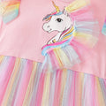 Girls' rainbow flutter sleeve unicorn print mesh princess dress - summer kids' colorful gradient tulle dress