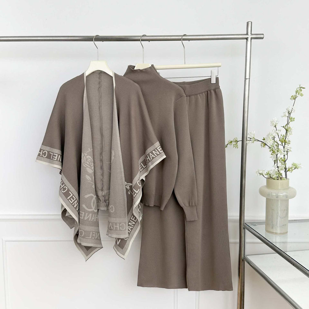 New arrival cross-border loose lazy style women's jacquard shawl turtleneck pullover knitting shirt + wide-leg pants three-piece set
