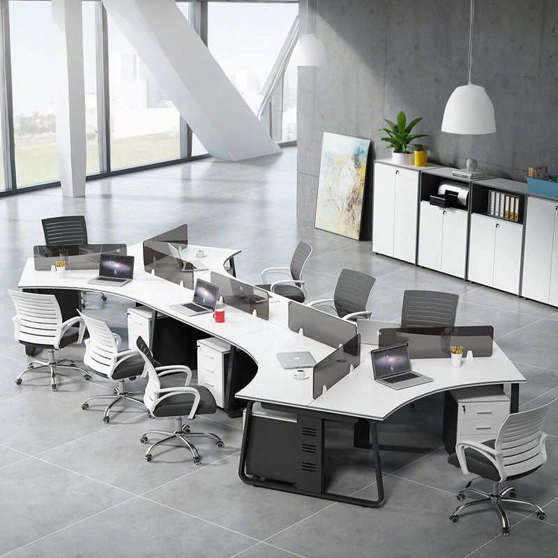 Office desk set for employees - modern minimalist design - includes desk, chair, and computer accessories