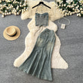 American retro hot girl halter tie-up cropped denim vest + high-waisted slimming fishtail midi skirt two-piece set