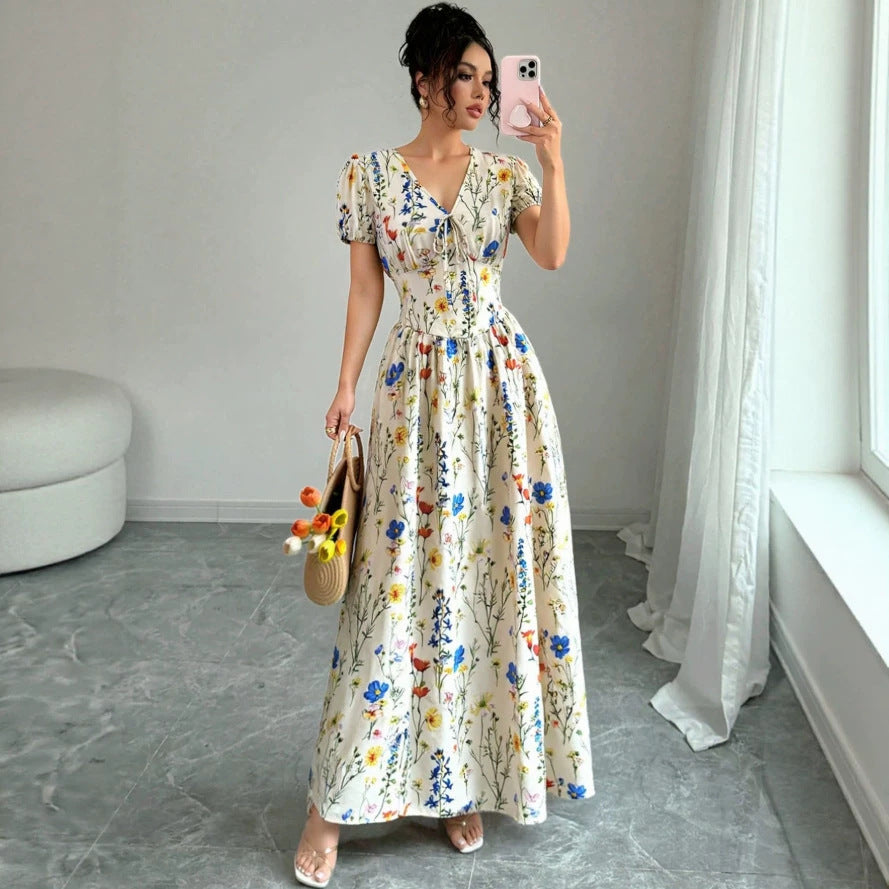 summer cross-border european and american style printed v-neck elegant dress