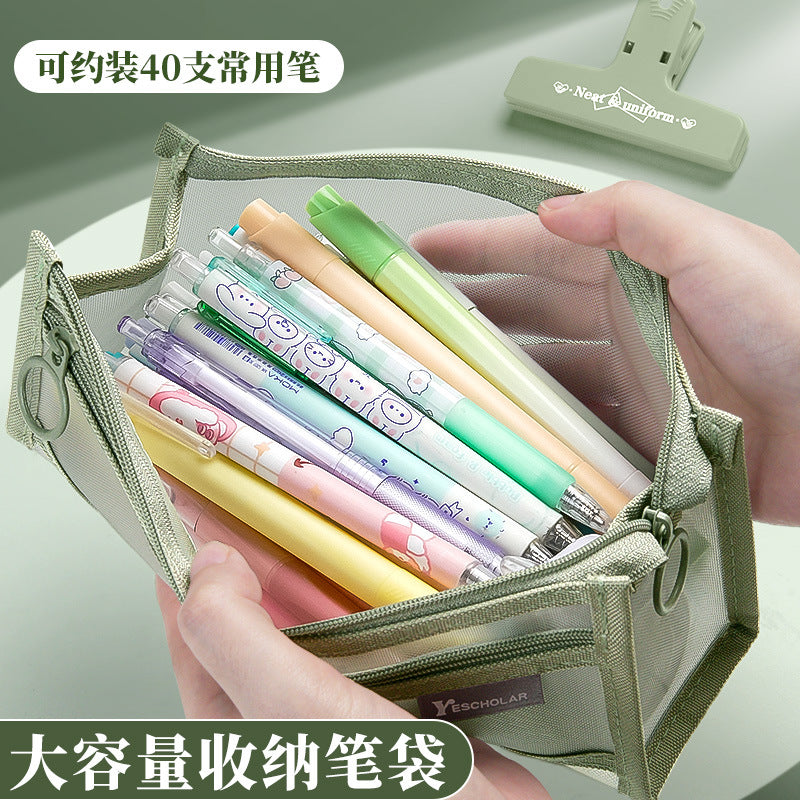 Pencil bag, transparent mesh yarn, special stationery bag for students' exams, double-layer three-dimensional large-capacity stationery box, female models for primary school students