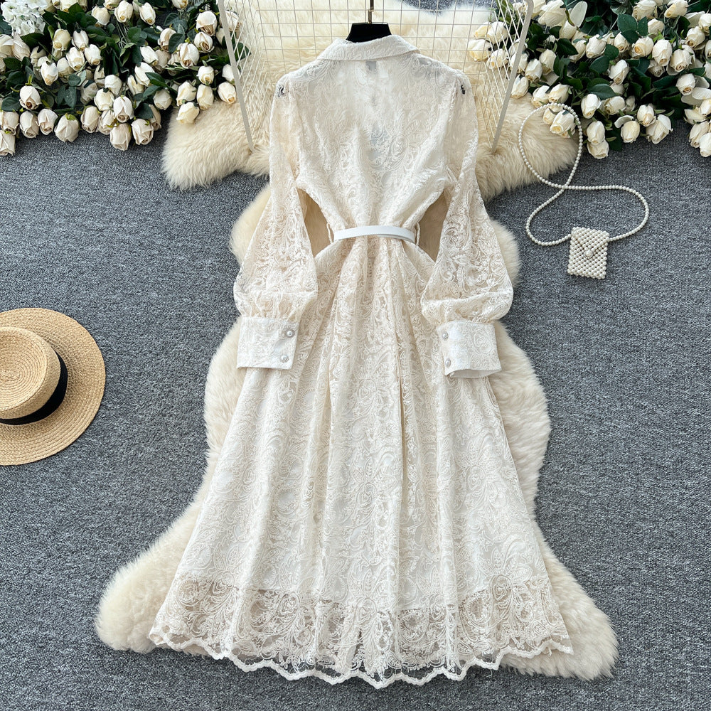 Frenchretro heavy industry embroider sequin mesh embroider strap waist single breasted dress women's elegance long skirt