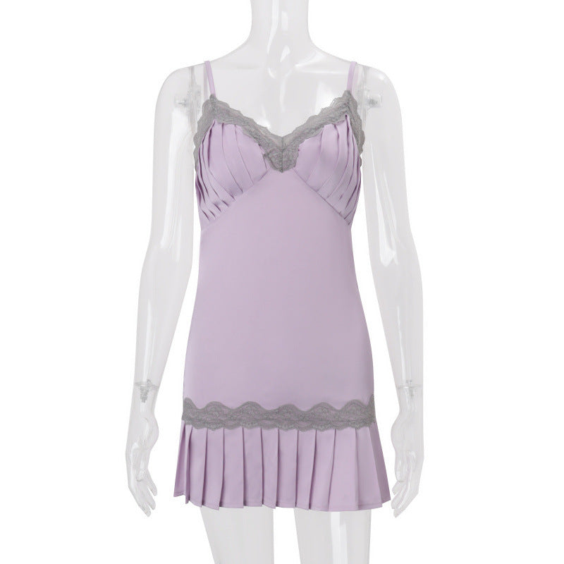 european and american women's clothing  spring new arrival: sweet & sultry lace trim v-neck cami pleated dress