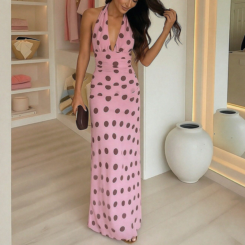 cross-border e-commerce women's fashion: european and american summer new arrivals - elegant v-neck polka dot backless halter dress