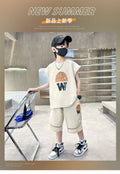 Boys' summer outfit set, new  styles for mid-to-large children, lightweight summer short-sleeve two-piece set, super cool kids' clothing
