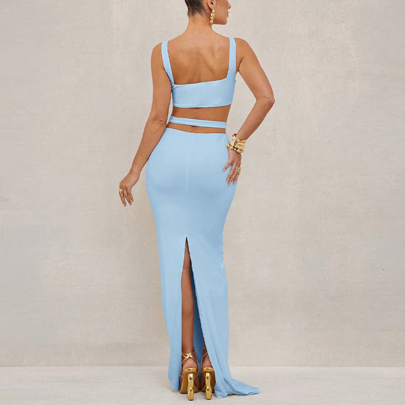 Small batch customization, European and American temperament, sexy solid color dress, small vest, suspender, one-step skirt, labor and material processing