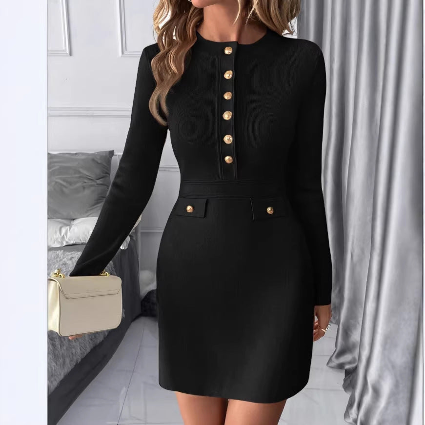 european and american spring new arrival: knitted textured solid color slim-fit sweater dress