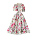 High-end women's summer  new french retro elegant lace patchwork printed waist-cinching chic evening dress