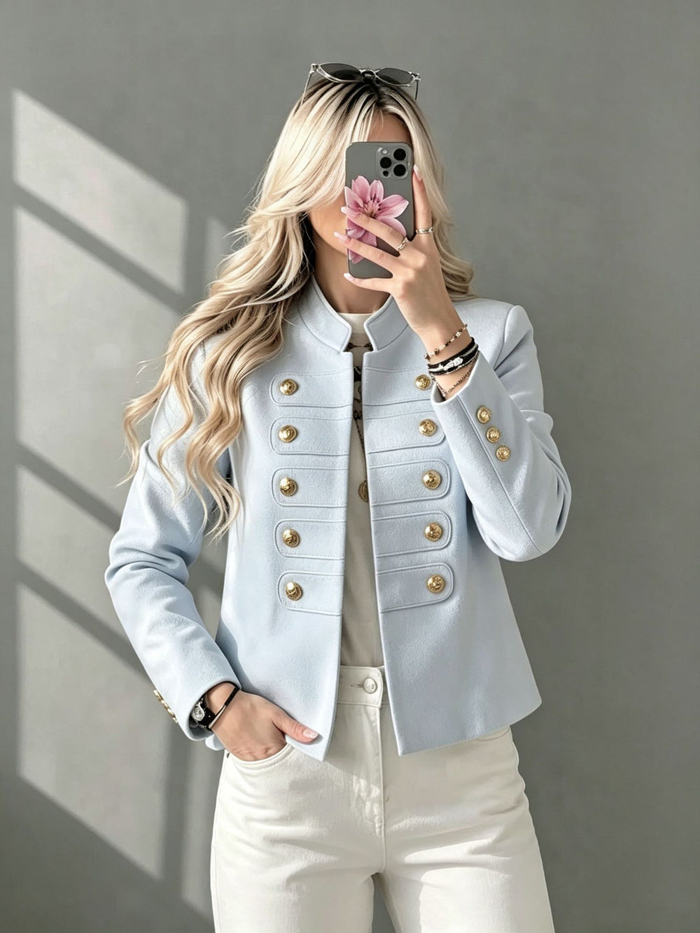 cross-border european and american style stand collar double-breasted cropped jacket - women's retro metal buckle chic commute top