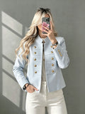 cross-border european and american style stand collar double-breasted cropped jacket - women's retro metal buckle chic commute top