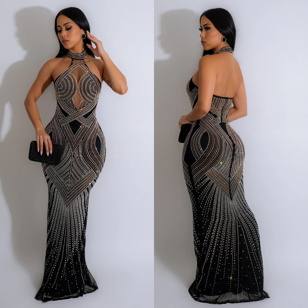 C6811 cross-border   fashion women's solid color mesh rhinestone halter maxi dress