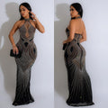 C6811 cross-border   fashion women's solid color mesh rhinestone halter maxi dress