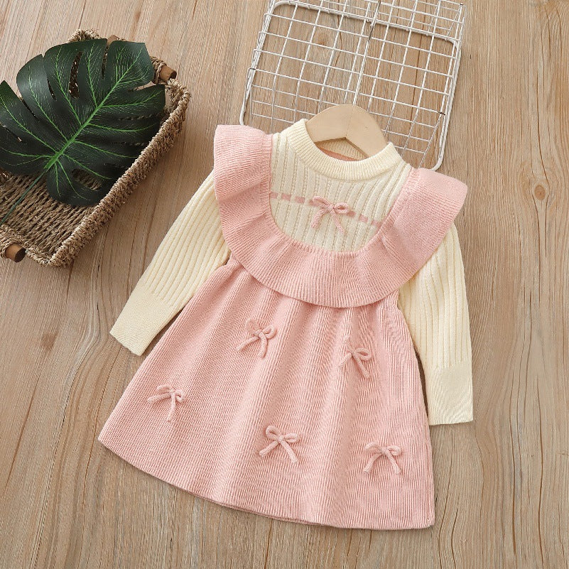 fall/winter new collection: girls' bowknot knit maxi dress - kids' sweater dress