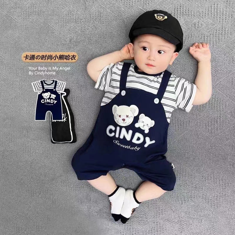 Newborn baby striped star bear romper - lightweight summer outfit for baby boys