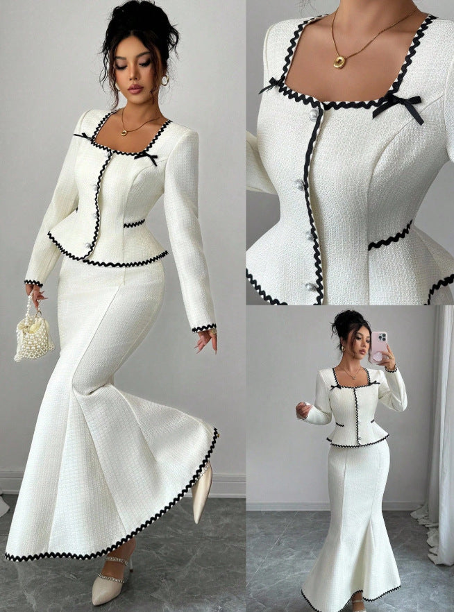european and american new arrival: white and black color block chanel-inspired two-piece set - square neck cropped jacket with high-waisted bodycon fishtail skirt