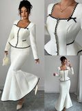 european and american new arrival: white and black color block chanel-inspired two-piece set - square neck cropped jacket with high-waisted bodycon fishtail skirt