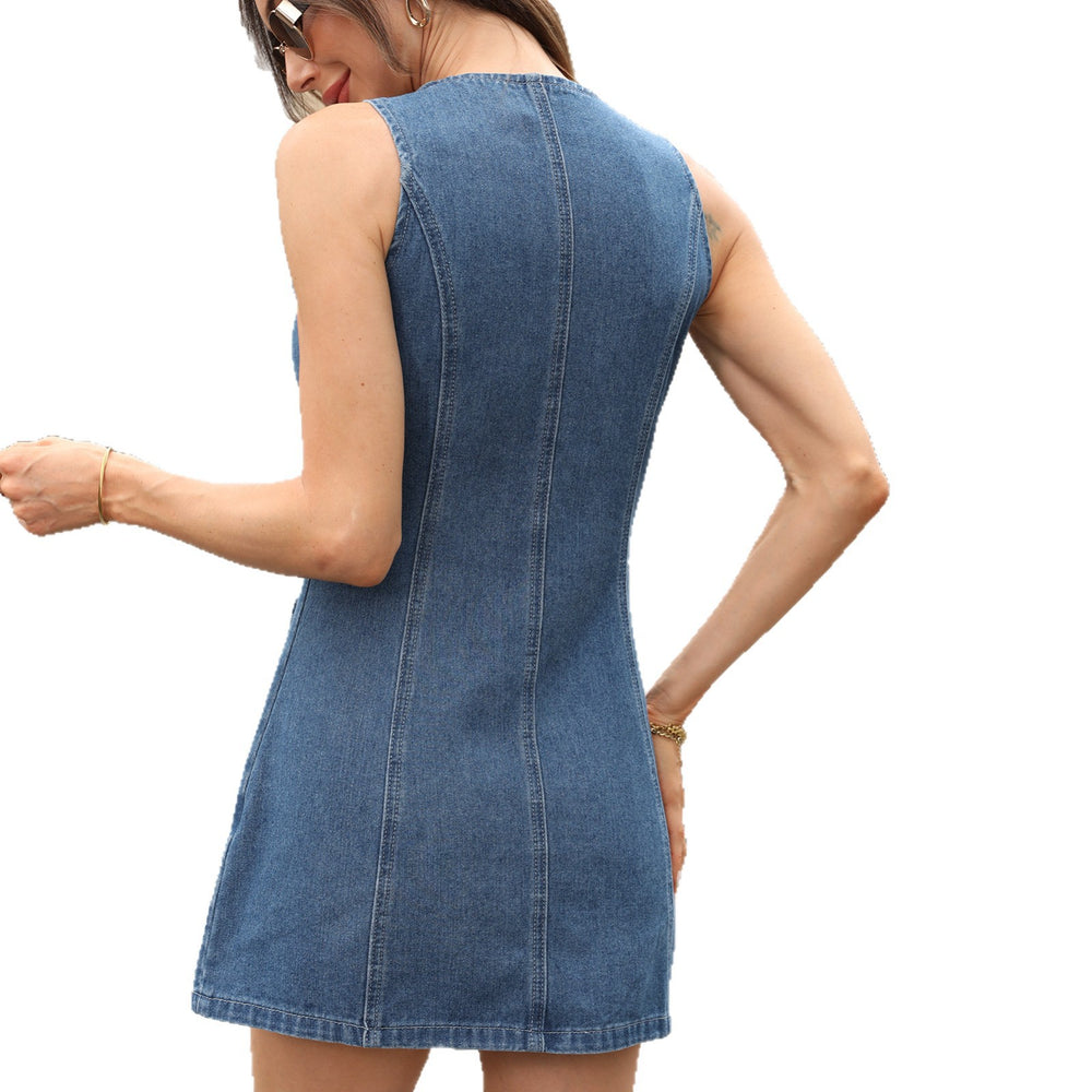 Fashion cross-border export round neck sleeveless multi-button double flap pocket pants design silmslimming look daily work clothing short denim skirt