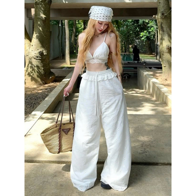 European and american style women's summer  new slim-fit hollow-out jacquard cropped inner top and fashionable casual pants set