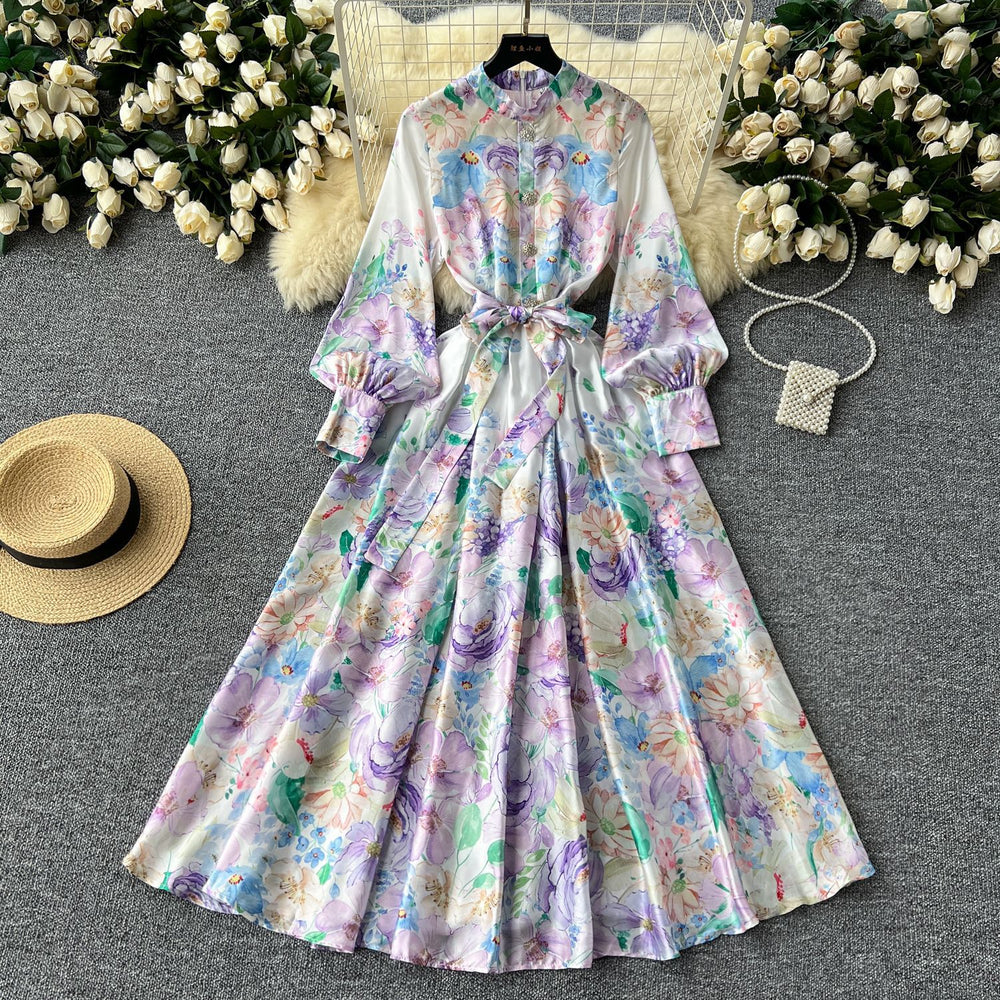 Palace retrofrenchclassydress women's long waist strap stand collar lantern long sleeves printingdress