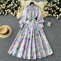 Palace retrofrenchclassydress women's long waist strap stand collar lantern long sleeves printingdress