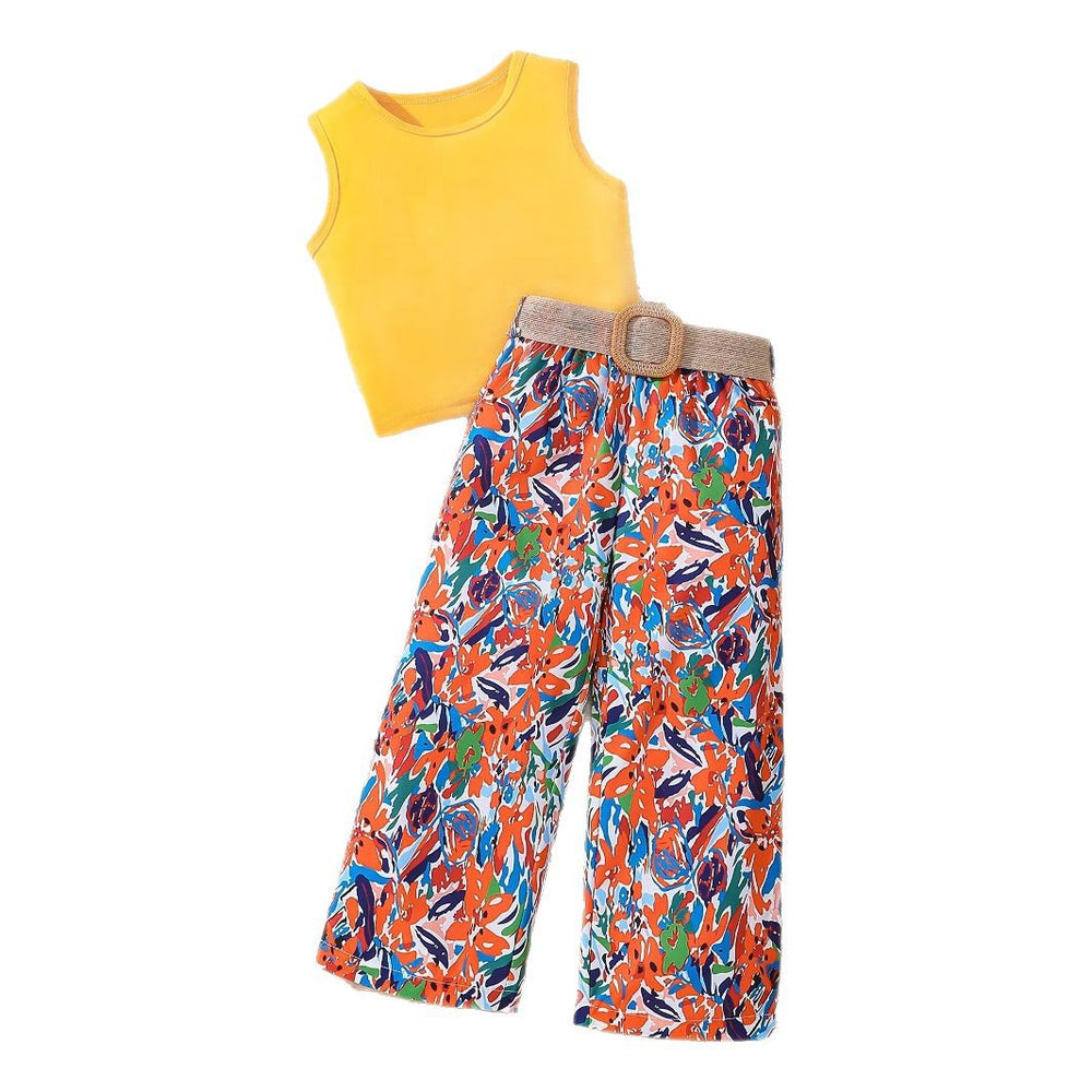 Girls' summer tank top set: yellow sleeveless knit top with floral print pants and belt - two-piece outfit for kids