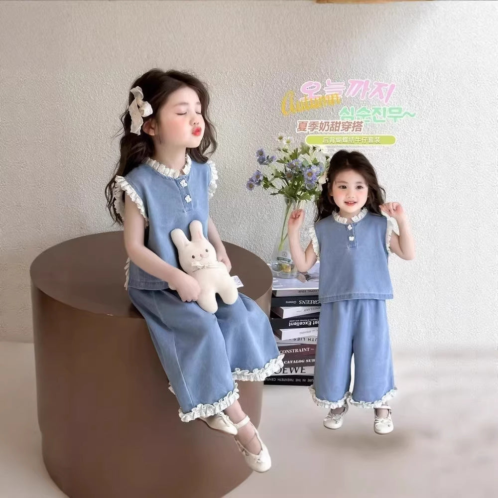 【dropshipping】girls' summer denim outfit  new style kids' tank top wide leg pants fashionable two-piece set baby