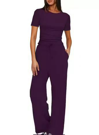 2024 european and american amazon new arrival: solid color casual set - ruched short sleeve top & high-waisted wide leg pants tracksuit