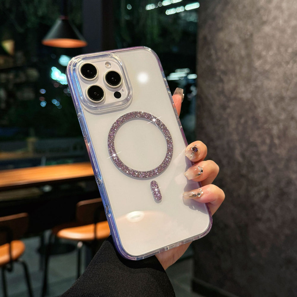 Crystal diamond high-transparency glitter magnetic iphone 17 pro max case, compatible with iphone 14 & 15, color block shockproof frame