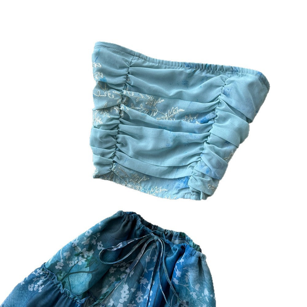 Pure desire wind blue printingtube topsilm two-piece set women's summer slimming look vacation style suit skirt classy