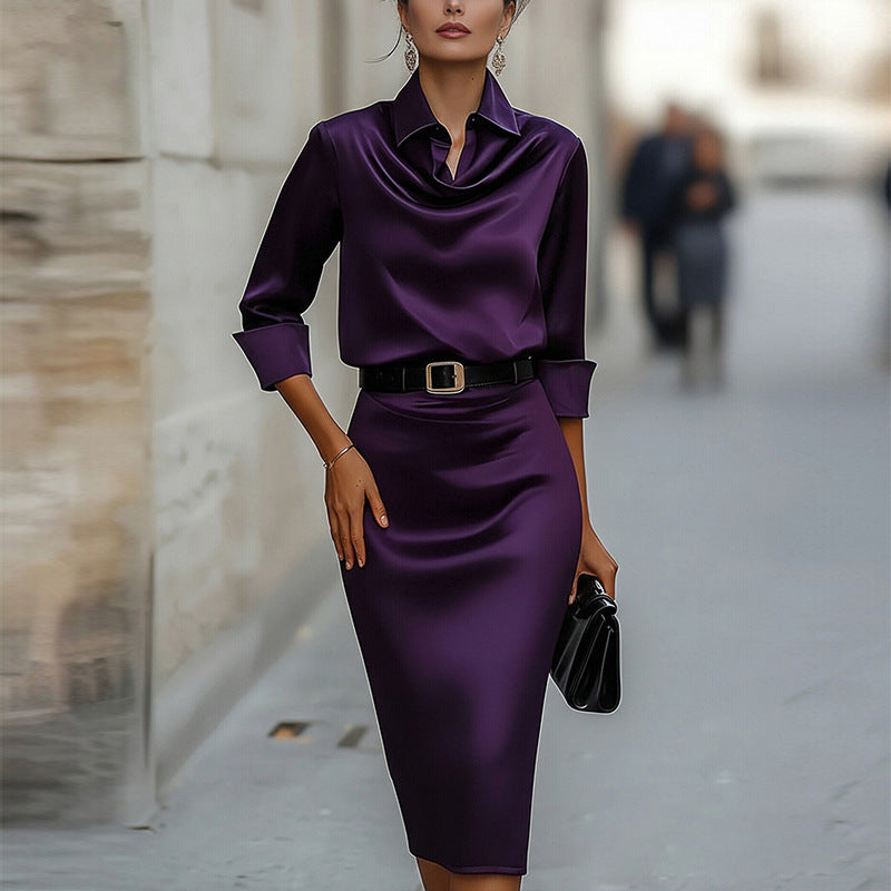 summer new women's fashion: european and american style cross-border dress - elegant commute belted solid color bodycon maxi dress