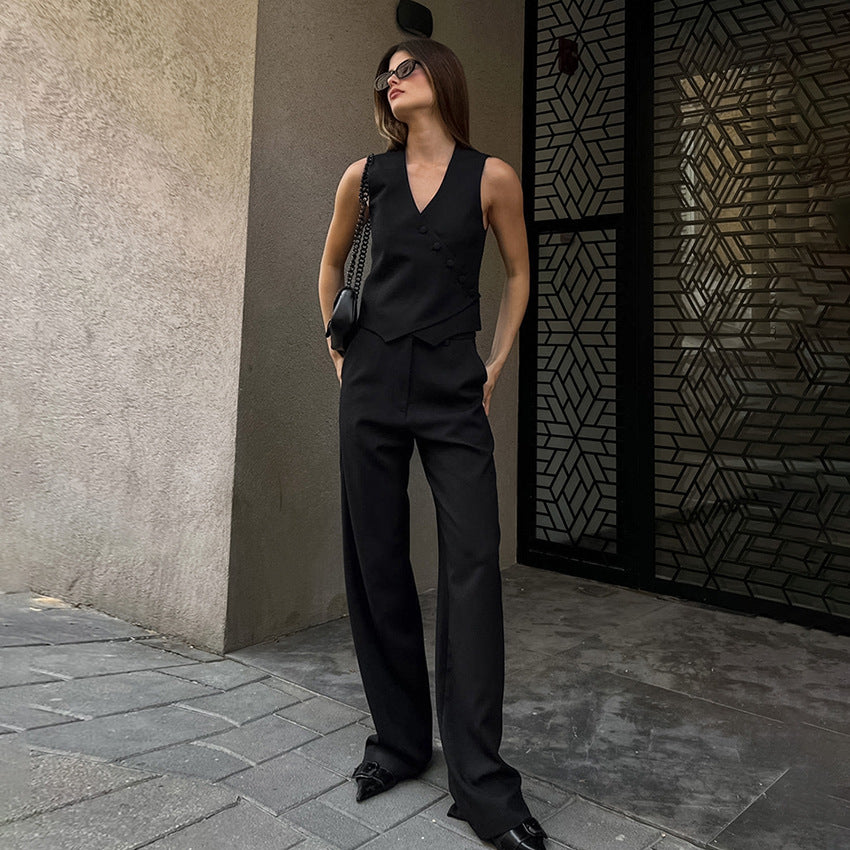 European and American cotton and linen khaki cardigan vest straight pants two-piece set women's 2025 autumn new  casual suit