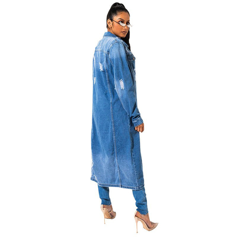 Amazon  women's denim jacket  european and american new trendy washed blue distressed slim-fit denim windbreaker