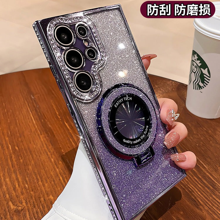 Suitable for samsung s25 protective case s26 edge diamond phone case s24 transparent rhinestone magnetic stand a56 anti-fall glitter powder