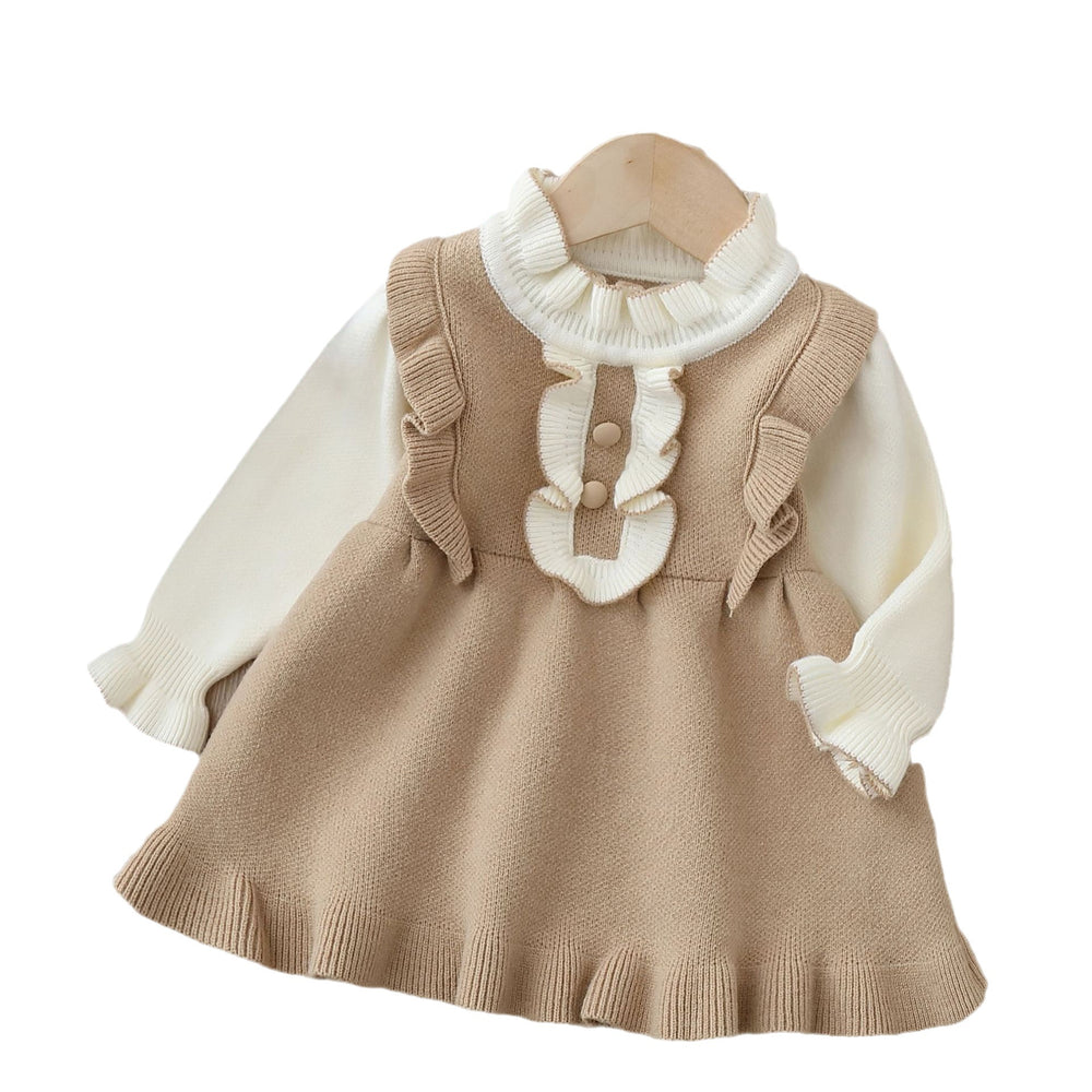 Girls' knit dress - new autumn/winter  collection - flutter sleeve faux two-piece knitted dress for baby girls