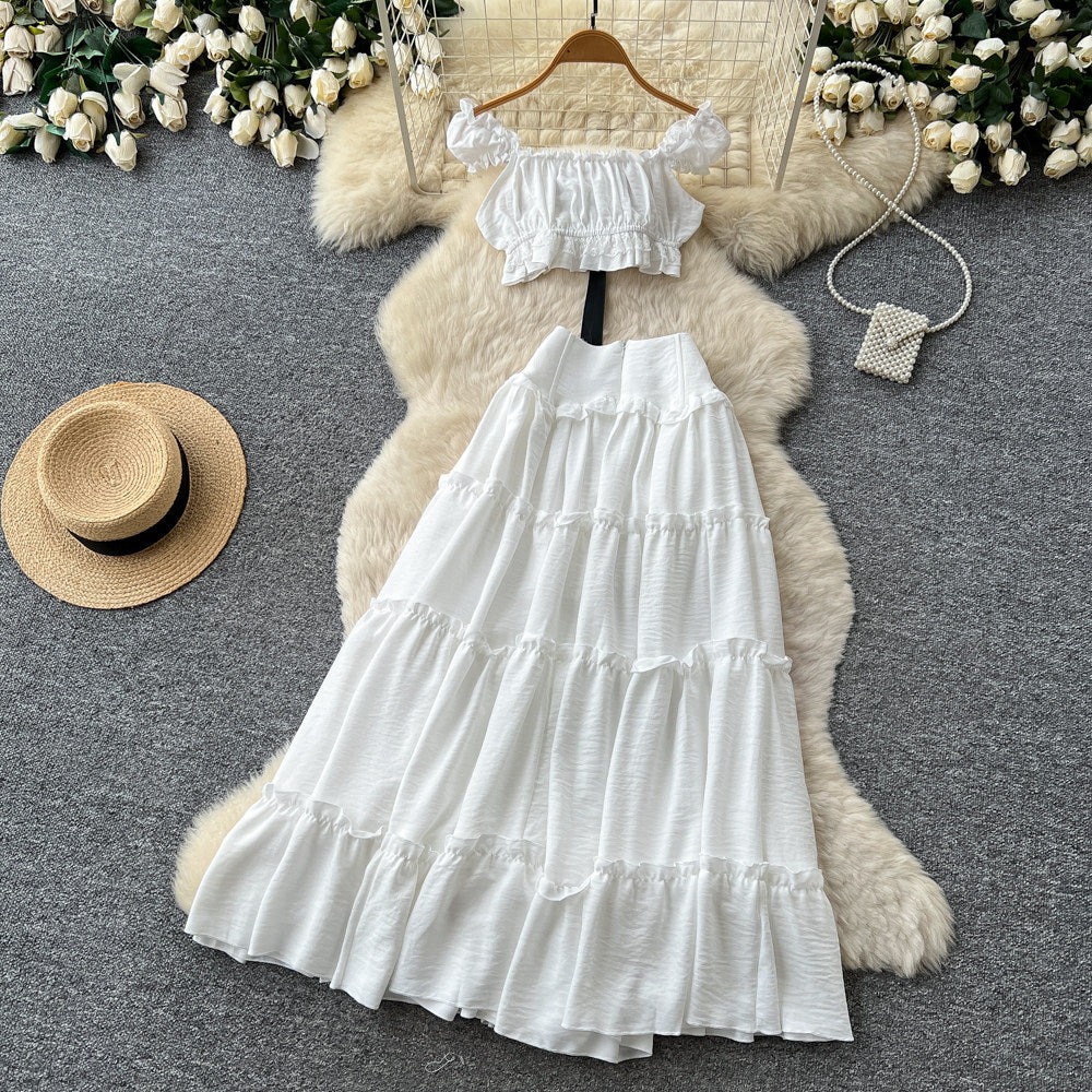 French sweet style off-the-shoulder puff sleeve top with tie-waist high-waisted tiered skirt slimming two-piece set - new summer collection for women