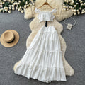 French sweet style off-the-shoulder puff sleeve top with tie-waist high-waisted tiered skirt slimming two-piece set - new summer collection for women