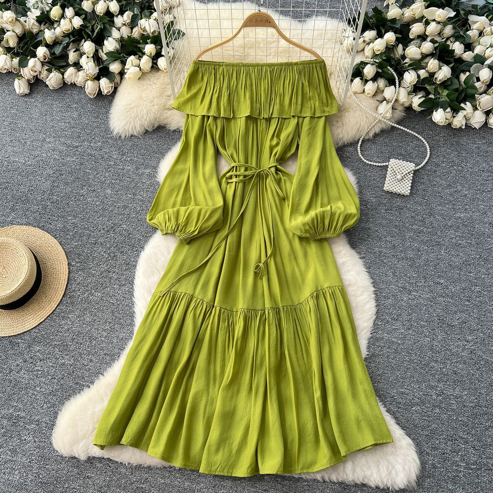 French chic one-shoulder ruffle trim lantern sleeve bodycon midi dress