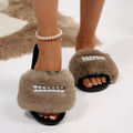 Exportnew arrival pearl chain large fur flats slippers women's fashion flip-flops home open cotton slippers cross-border