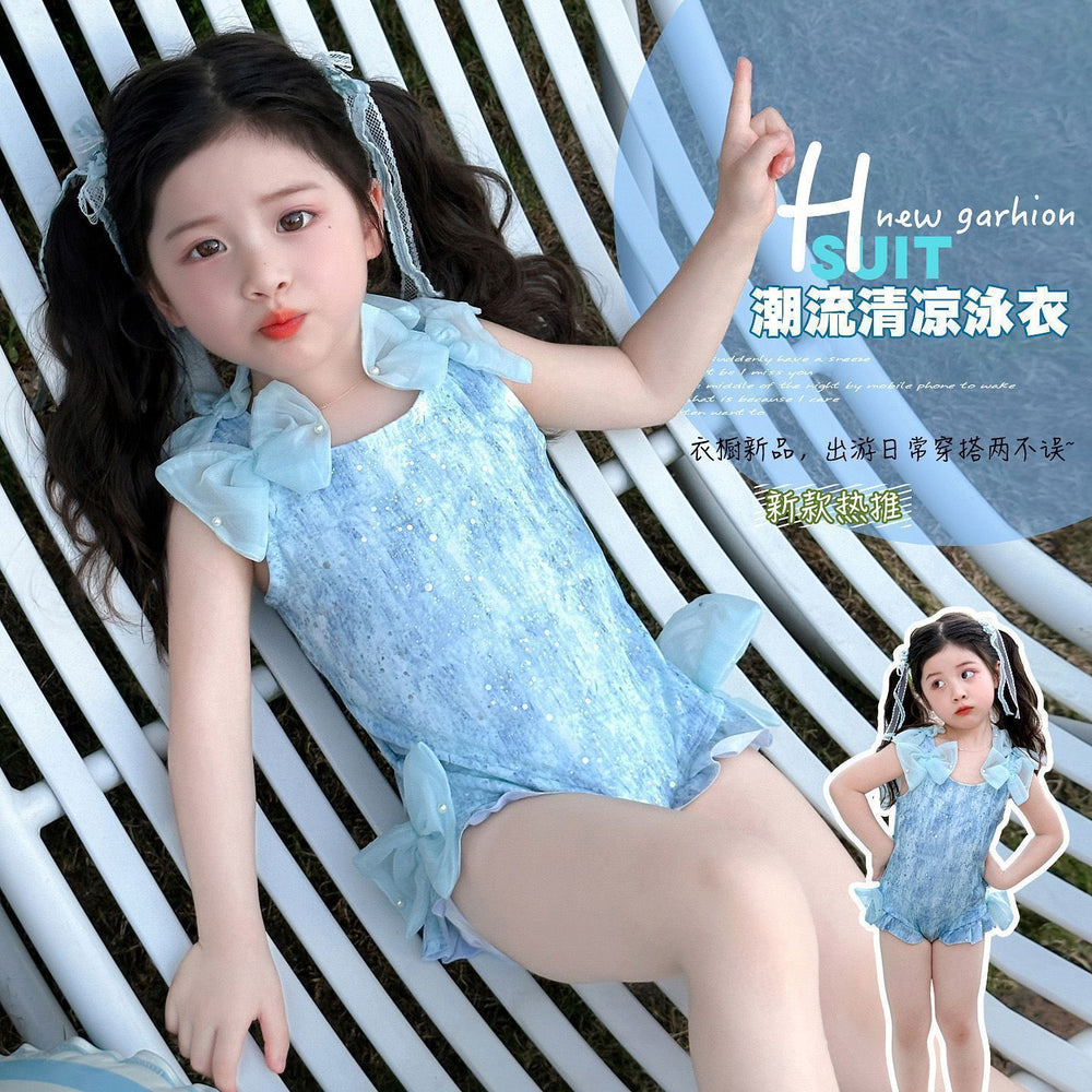 Blue bowknot one-piece swimsuit for girls - super fairy style, trendy kids' swimwear, new summer collection