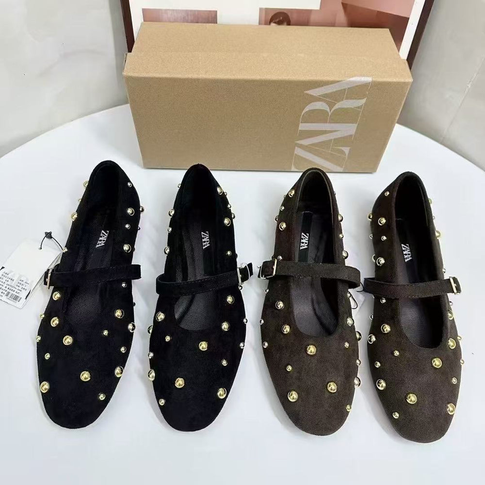Za spain 2025 summer new arrival: single strap round toe rivet detail black brown suede ballet flats for women