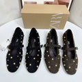 Za spain 2025 summer new arrival: single strap round toe rivet detail black brown suede ballet flats for women