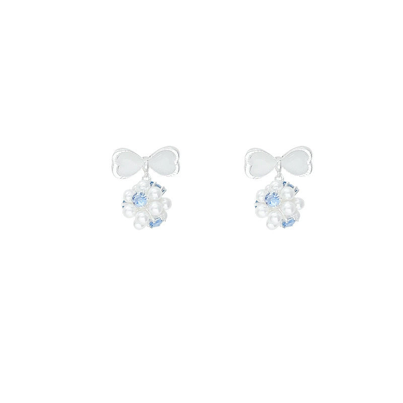 Silver needle cat's eye bow s-style pearl earrings - unique, beautiful, exquisite 5a zircon studs - high-end earrings